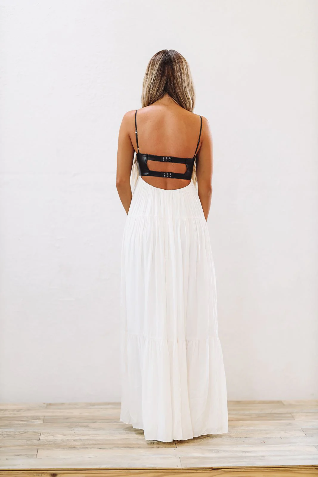 Caviar Dreams Maxi Dress - Ivory and Vegan Black Leather - Image 6