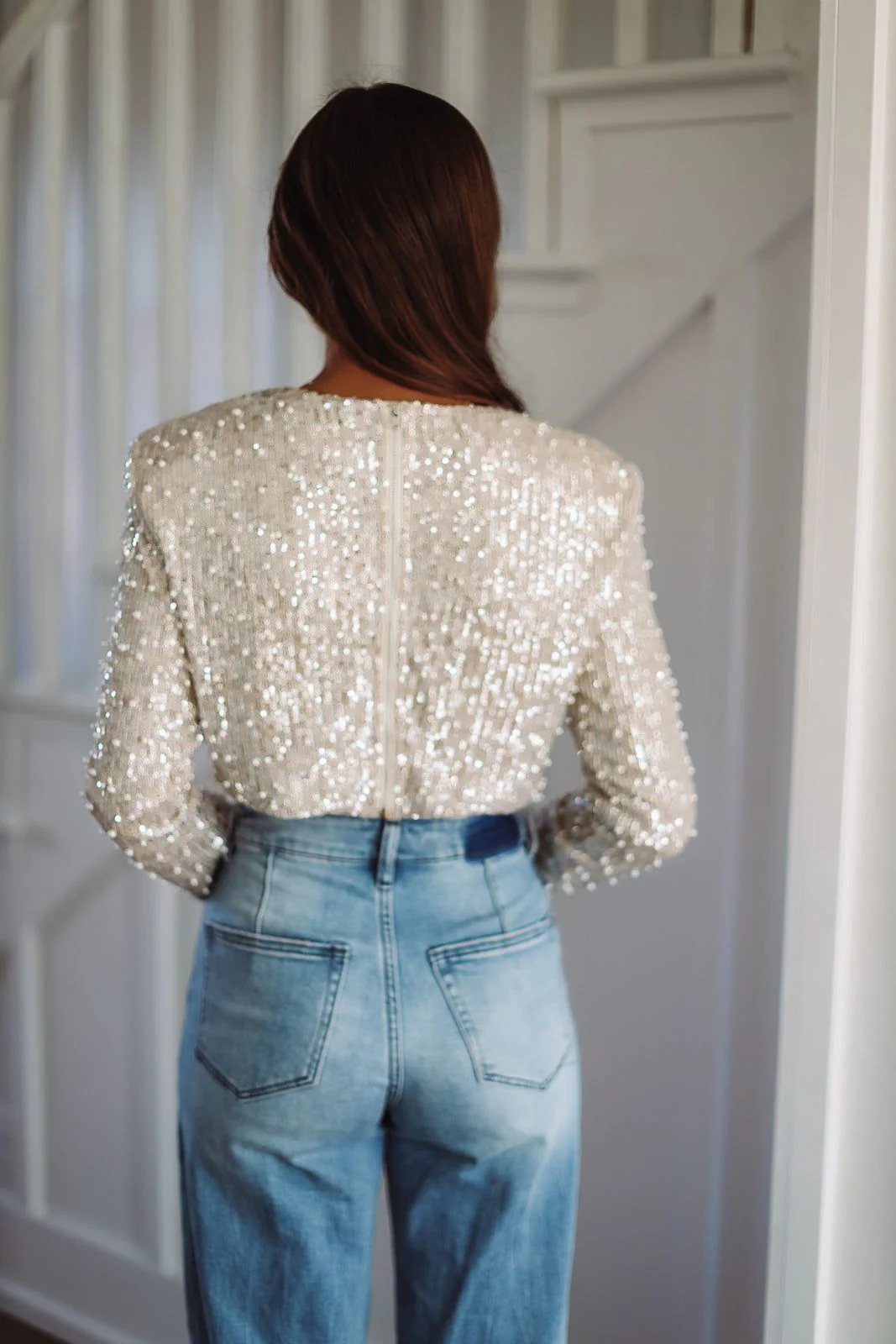 Like a Boss Sequin and Pearl Crop Top - Cream - Image 3
