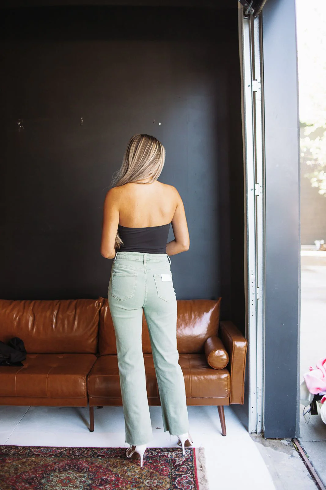 Tummy Control Button Down Risen Straight Leg High Rise Jeans - Olive - Image 4