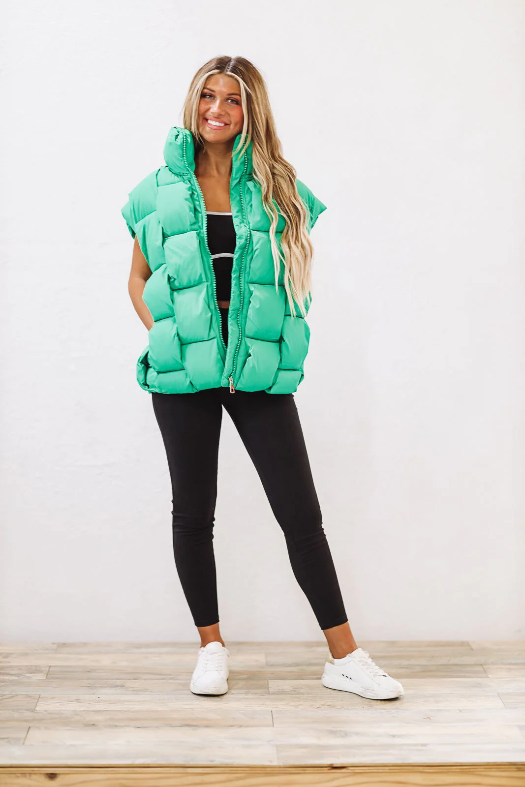 Woven Checks Puffer Vest - Kelly Green - Image 3